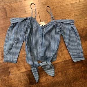 Cold shoulder denim striped tie front blouse
